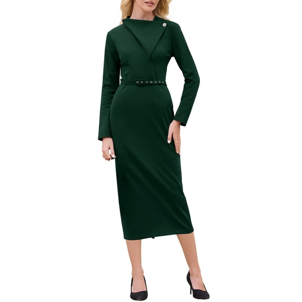 INSPIRE CHIC Vestido Elegante de Mujer con Cuello de Solapa en V, Manga Larga, Tendencia 2025, Vestidos de Trabajo a la Rodilla, Talla 2XL, Verde Oscuro