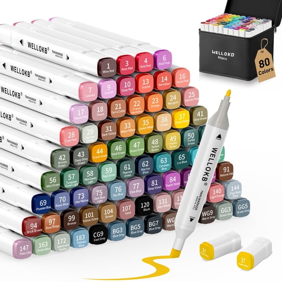 Marcadores de alcohol WELLOKB, 80 colores, doble punta, con funda