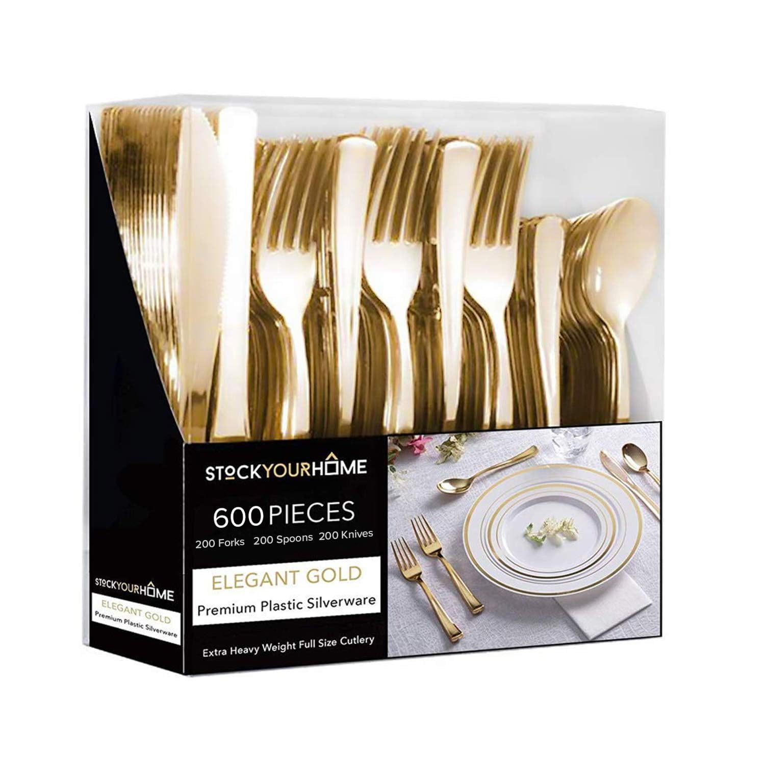 Juego De Cubiertos Stock Your Home, Plástico Dorado, Paquete De 600