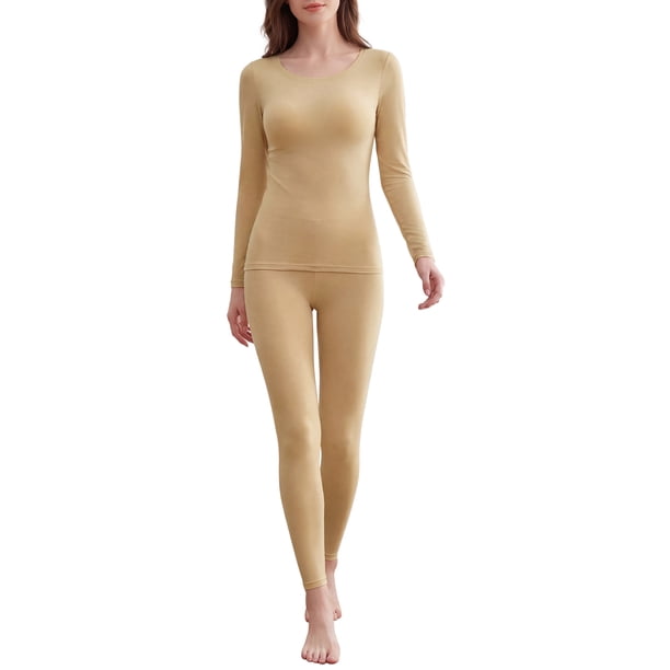 INSPIRE CHIC Conjunto de ropa interior térmica sin costuras para mujeres con sujetador incorporado, cuello redondo, ajuste ceñido, capa base L Beige