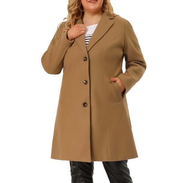Abrigo de invierno largo con solapa con muescas, abotonado, con bolsillos, talla grande para mujer de Agnes Orinda, 1X, color camello