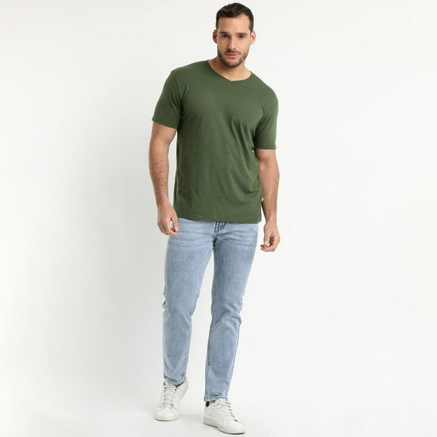 Polera Manga Corta Cuello V Verde musgo verde oscuro M
