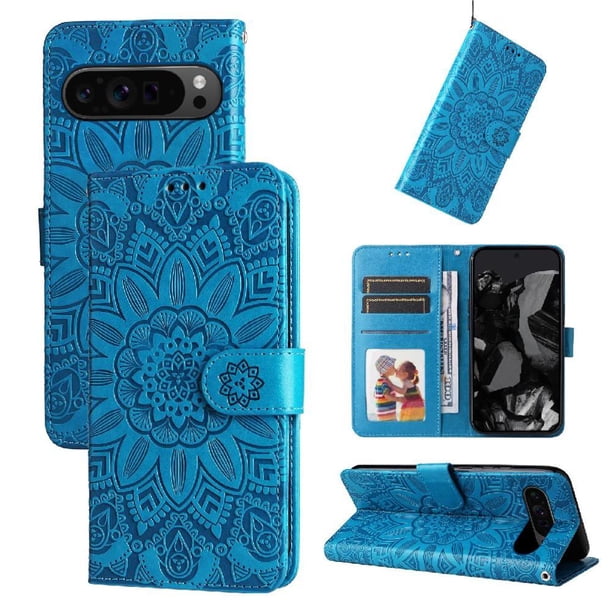 Funda tipo cartera FOXDOCK para Google Pixel 9 Pro XL , diseño girasol en relieve, cuero PU, cierre magnético, soporte y tarjetero