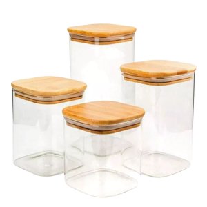 Disparo - Set 4 Frascos Tarro Hermetico Cuadrado Vidrio Tapa Bambú