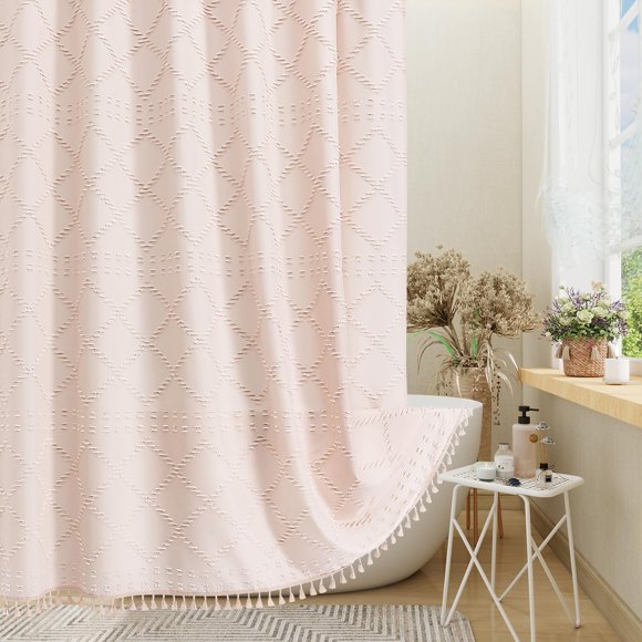 Cortina de ducha Craidlela 183 cm rosa estilo boho con borlas