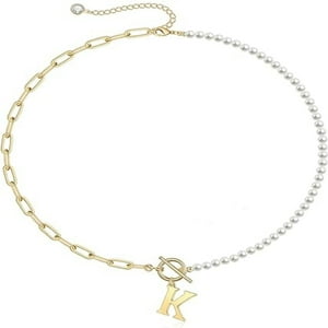 Collar Heshpaws Gold Initial Pearl 14K Gold Plated Paperclip Link Chain A-Z