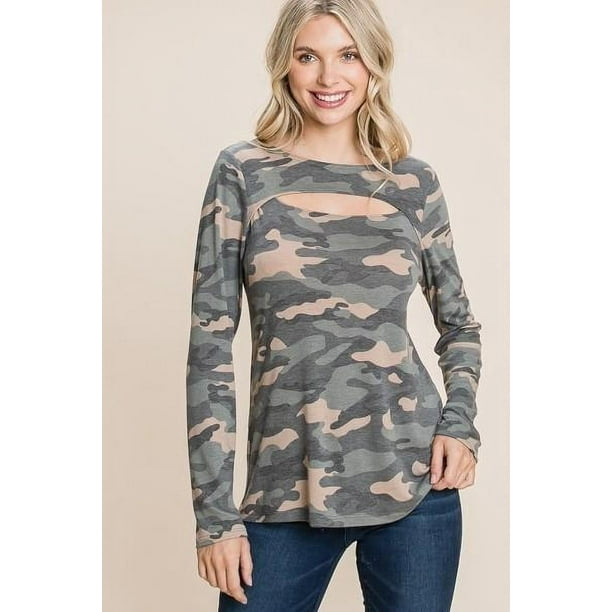 Top Básico Casual de Manga Larga con Escote Recortado y Estampado de Camuflaje Militar