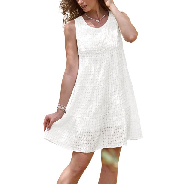 Vestido de Cuadros INSPIRE CHIC para Mujeres Vestido de Verano Sin Mangas Cuadros Fluidos con Vuelo en Capas Corto L Blanco