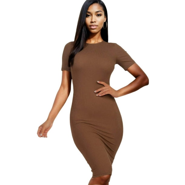 Vestido Midi Ajustado De Canalé Marrón
