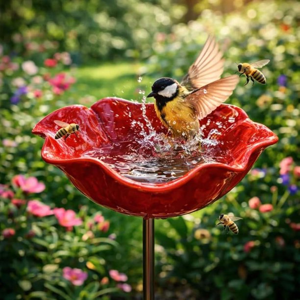 Estaca jardín flor metal hecha mano baño abejas cuenco agua pájaros resistente intemperie