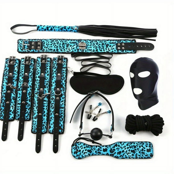 Sexy Leopard Pattern Leather Plush BDSM Bondage Set with Handcuffs, Whip, Nipple Clip, and Headgear - Adult Sex Game Accessories for Exploring Your Desires