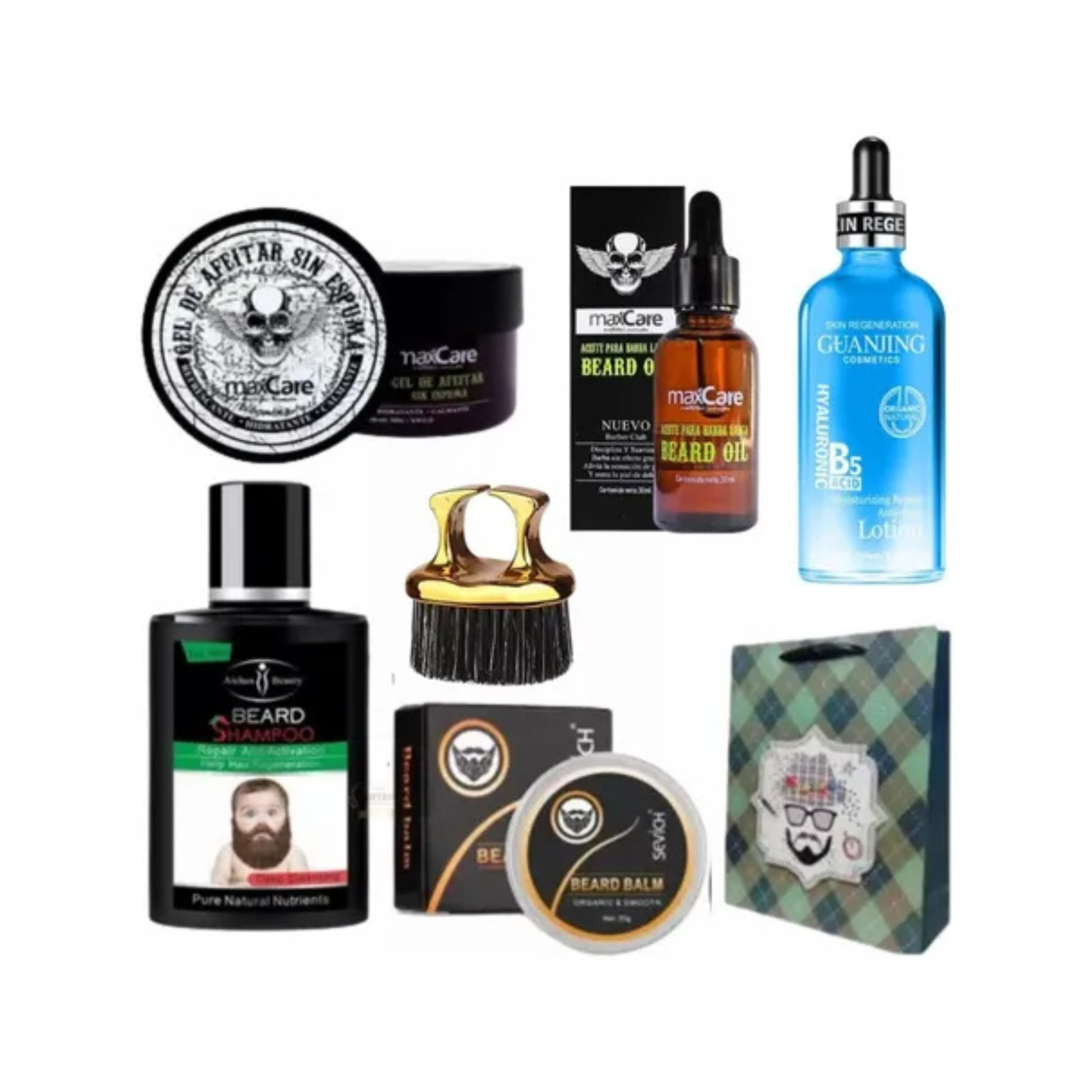 Aichun Beauty,Maxcare,Guanjing - Kit Barbería Aceite Bálsamo Shampoo Gel Cepillo Loción