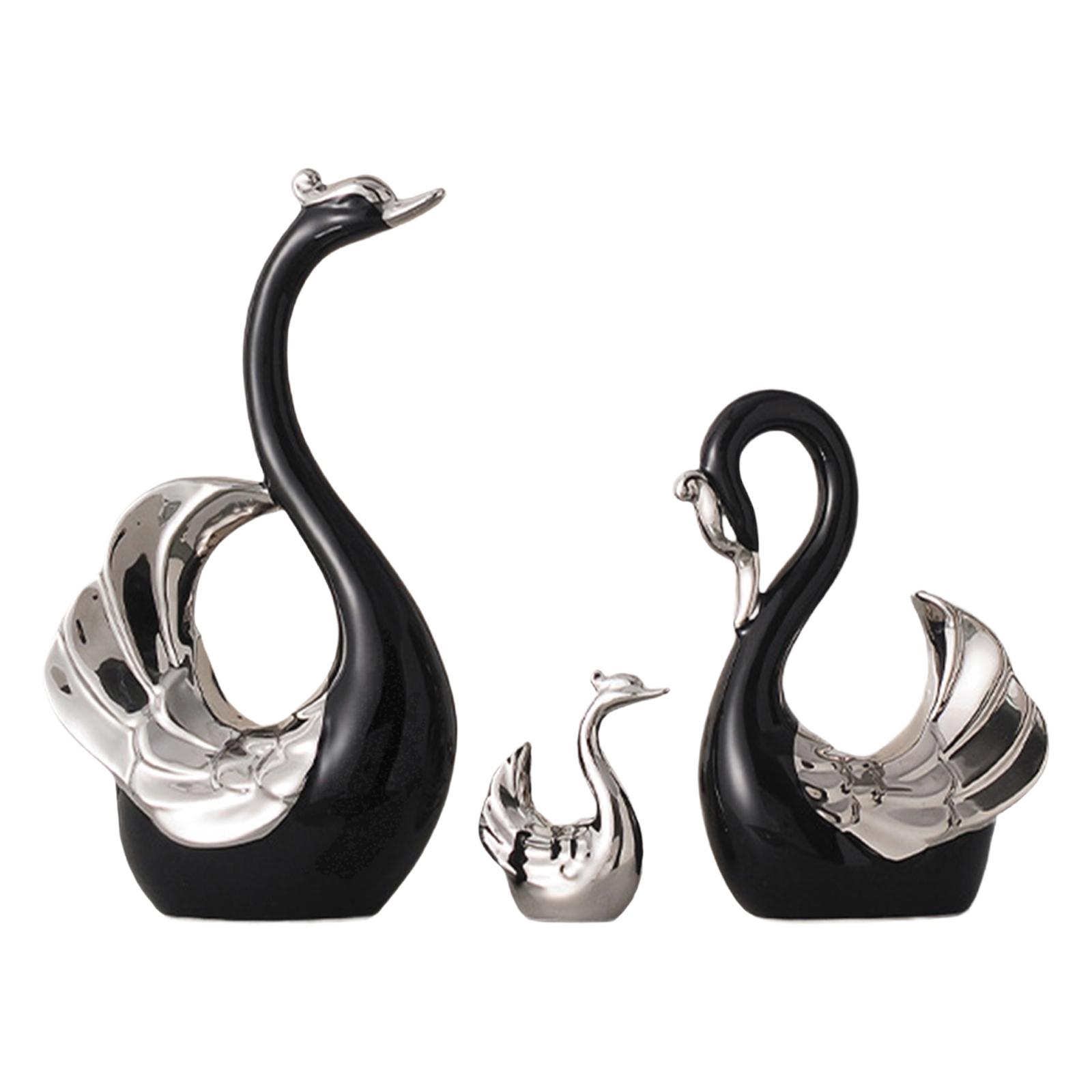 Magideal - Figura De Cisne De 3 Uds, Colección De Estatuas De La Familia De Cisnes, Escultura De Animal, Adorno De Mesa Para Estantería, Gabinete, Decoración Del Negro Plata
