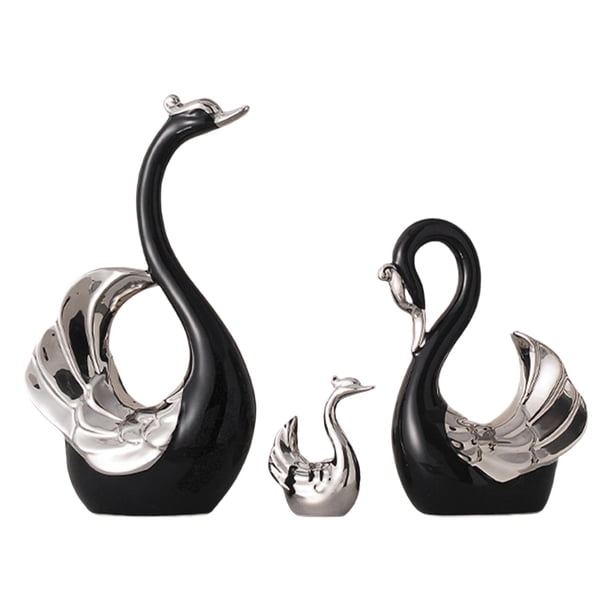 Figura de cisne de 3 uds, colección de estatuas de la familia de cisnes, escultura de Animal, adorno de mesa para estantería, gabinete, decoración del Negro Plata
