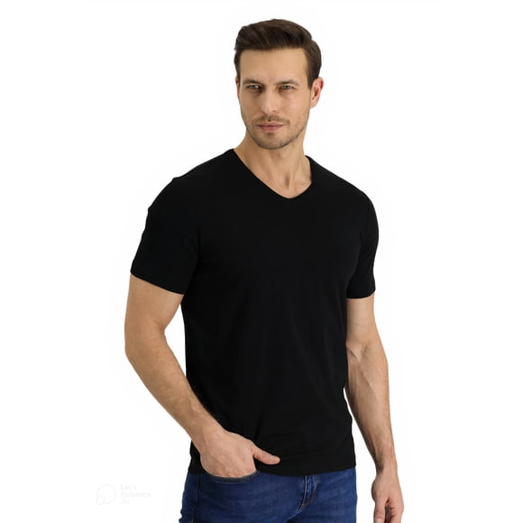 Polera Hombre Manga Corta Cuello V Negro Talla M