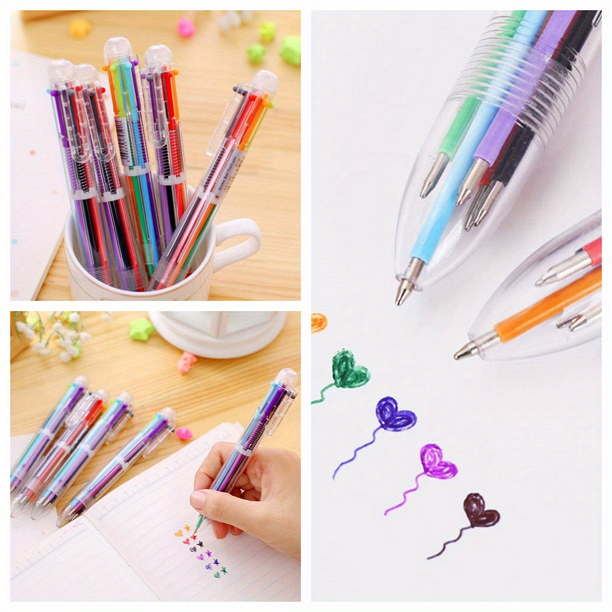 10pcs 6-in-1 Multicolor Ball Point Pen - 5.5in/14cm Long, 0.63in Wide, 0.5mm, 6-Color Retractable