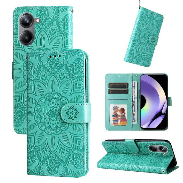 Funda tipo cartera FOXDOCK para Realme 10 Pro 5G , diseño girasol en relieve, cuero PU, cierre magnético, soporte y tarjetero
