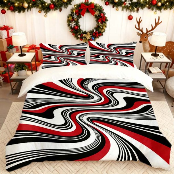 with a Hawaiian Style Black White And Red Wavy Pattern This Printed Duvet Cover Set Includes a Soft And Comfortable Bedding Option Suitable for All Seasons