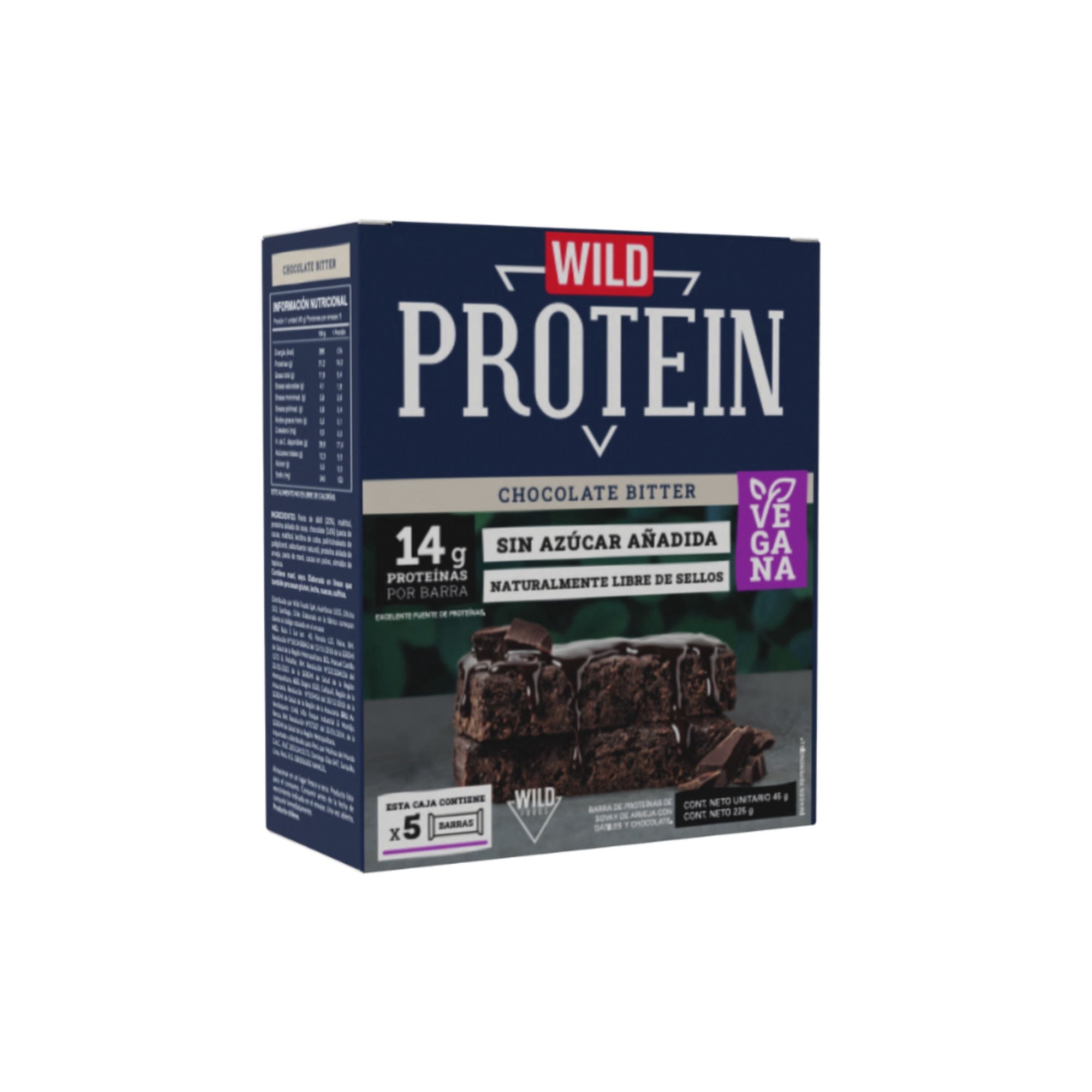 Barra Proteína Vegana Chocolate Bitter 5 Un 225 g Wild Protein