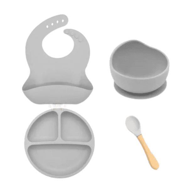 Set De Alimentación 4 Pzs Para Bebe Silicona Anti-deslizante Gris