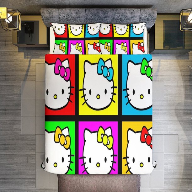 Hello Kitty Bedding Set for Girls Kids Teen Tween Ultra Soft Microfiber Comforter Set Twin Size with 3-Pieces Comforters Bed Sets Bedroom Decor Bed Sheets