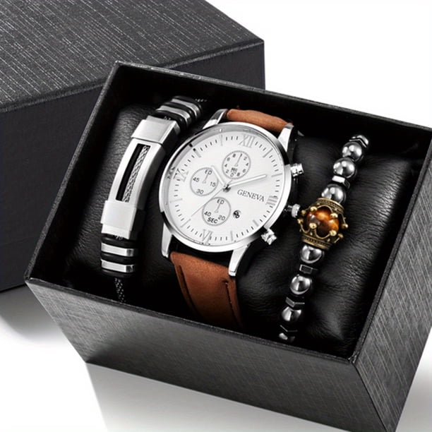 3pcs/set Men's Casual Analog Watch And Classic Bracelets Set (1 Watch+2 Bracelets)