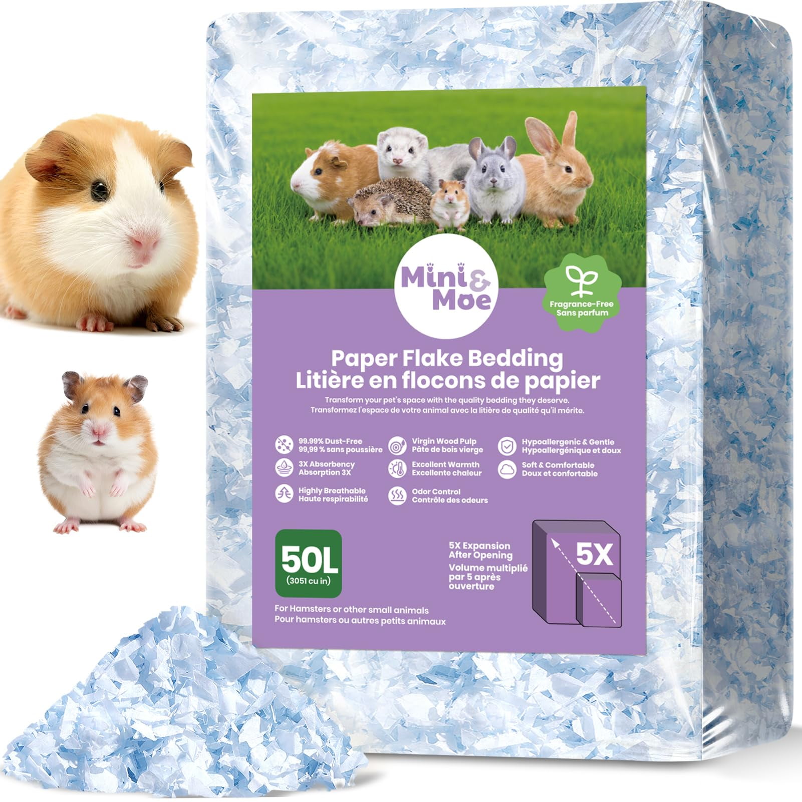 Cama de papel sin polvo mini&moe 50 L para hámsteres y pequeños roedores