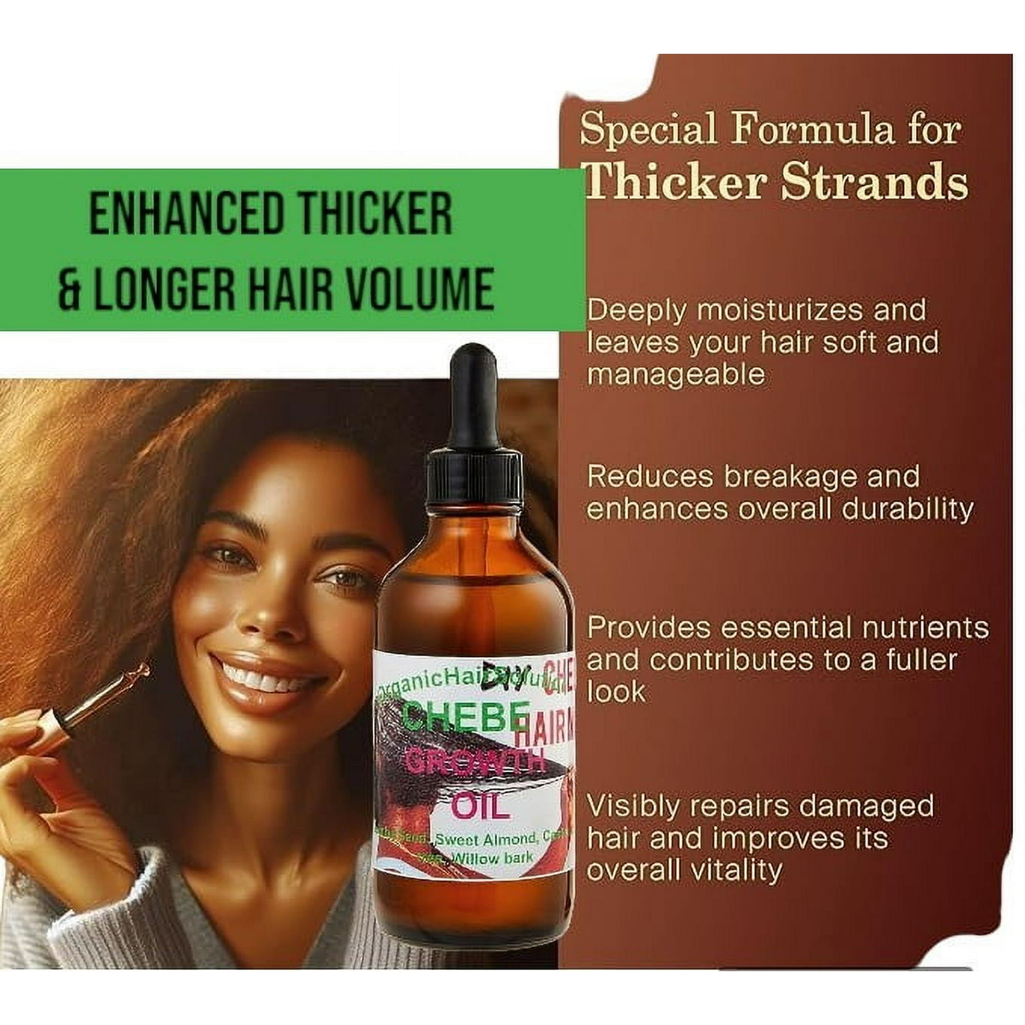 Organic Hair Solution - Africano Chebe Oil -hair Growth Suero - Para Más Fuerte, Más Grueso Y Largo, Para El Cuero Cabelludo Y El Cabello Seco Con Aceite De Ricino - Argán, Romero (4 Oz)