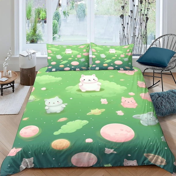 Juego de funda nórdica de gato de dibujos animados, juego de 3 piezas, juego de ropa de cama con personajes adorables, juego de cama de 3 piezas de funda nórdica de microfibra suave y fácil