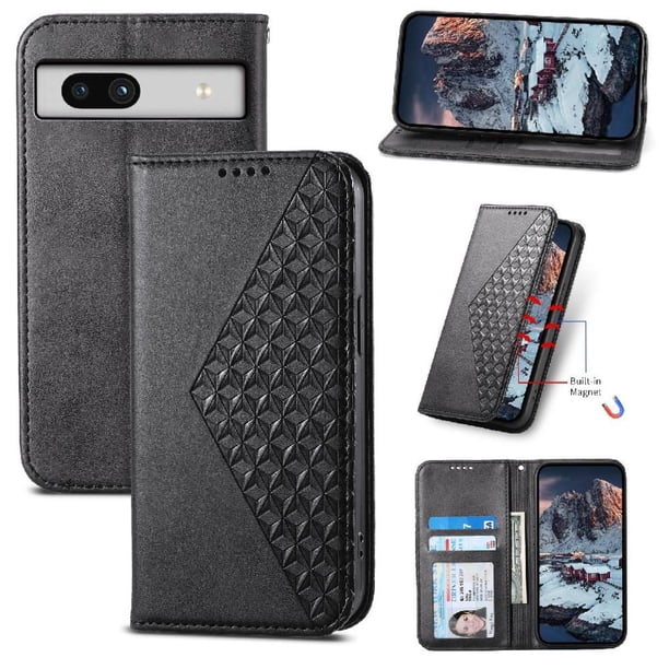 Funda Flip FOXDOCK para Google Pixel 7A , Estilo Billetera con Diseño Rombo, Correa de Mano y Soporte, Uso Diario