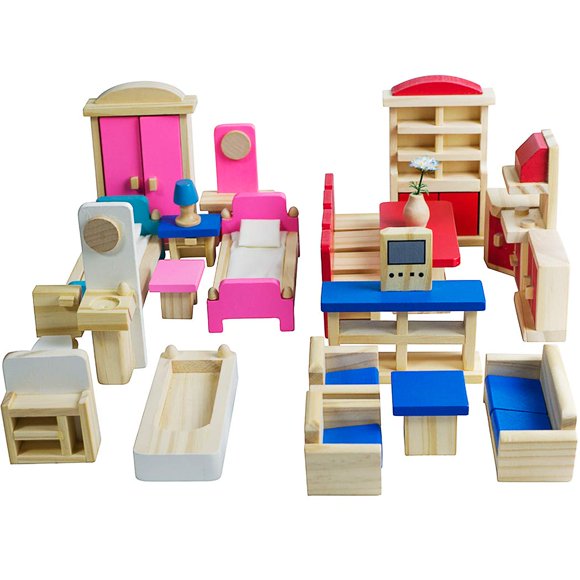Dollhouse Furniture Seanmi, 5 juegos de madera a escala 1:12, 35 piezas