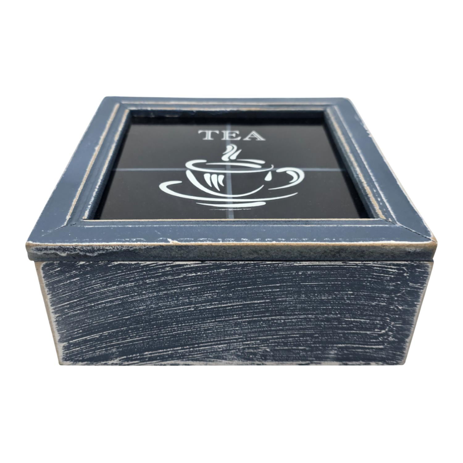 Fliperex - Caja De Te 4 Divisiones Tapa Diseño Tea Caja Para El Te Azul