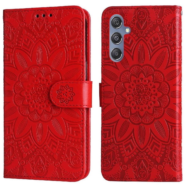 Funda tipo cartera FOXDOCK para Samsung Galaxy M34 5G , diseño girasol en relieve, cuero PU, cierre magnético, soporte y tarjetero
