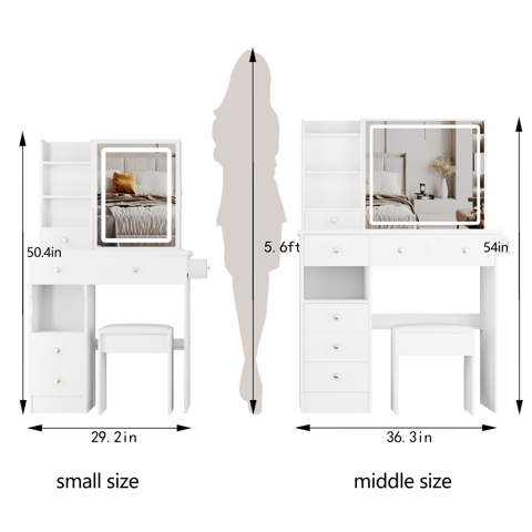 M&Ms - 29.2"" Small Size Left Drawer Desktop Vanity Table + Cushioned Stool, 2 Ac+2 Usb Power Station, Hair Dryer Bracket, Extra Large Touch Control Sliding Led Mirror, Tri-Color Switching, Brightness Adjust