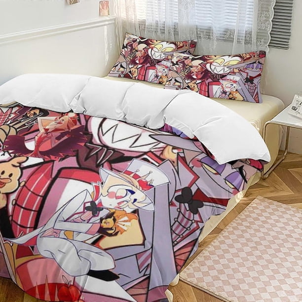 Juego de cama individual de 3 piezas de Hazbin Hotel - Incluye edredón y fundas de almohada individuales - Microfibra resistente a la decoloración - Hazbin Hotel Lc
