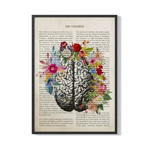 Creango - Cuadro Poster Enmarcado Cerebro Y Flores Decorativo