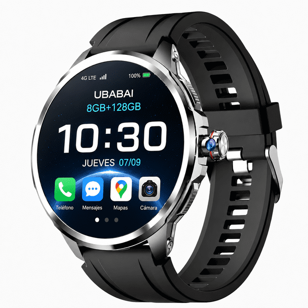 UBABAI reloj inteligente Android 10 4G LTE con SIM, Pantalla AMOLED 1.95" 720x720, Llamadas Independientes, GPS, Google Play y Cámara Giratoria Retráctil 9MP Smartwatch 8GB+128GB