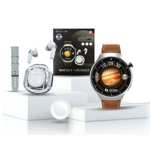 Reloj smartwatch unisex pack + audífonos + correa de cuero extra