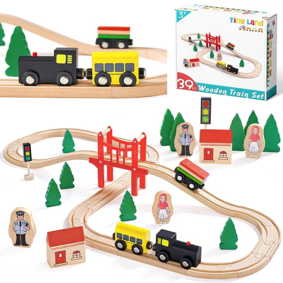 Set de tren Tiny Land de madera, 39 unidades, para niños pequeños con rieles