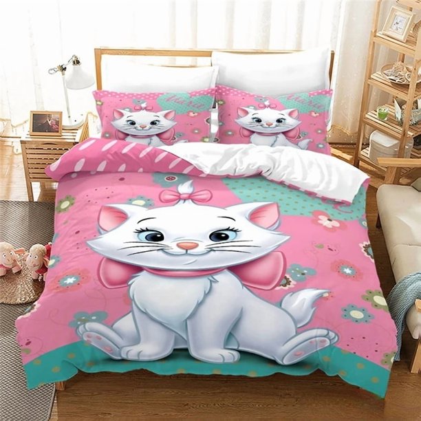 Pink Marie Cat Bedding Sets for Children,Bed Linen Boys Girls Pink Duvet Cover Pillowcases Cotton/Renforcé Bed Sheets