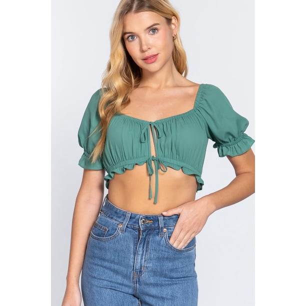 Saronite Top Corto Tejido de Manga Corta con Escote Corazón Básico, Verde Jade (para Mujer)