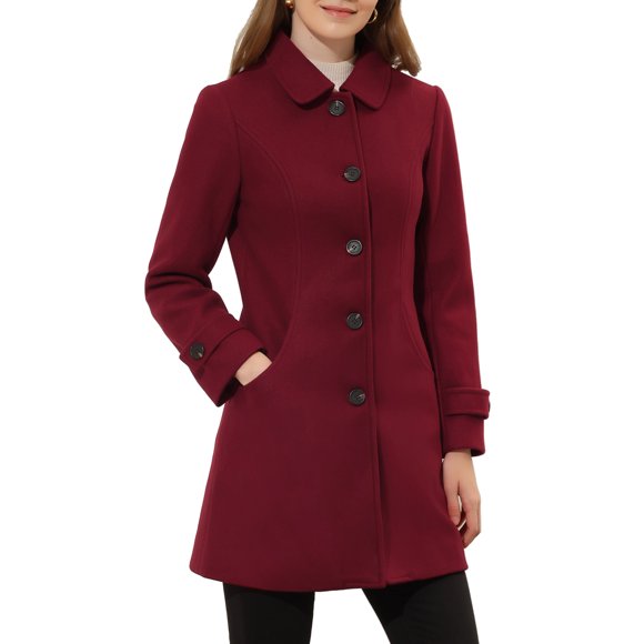 INSPIRE CHIC Abrigo de Invierno para Mujer con Cuello Peter Pan, Corte en Línea A hasta el Muslo, con Botonadura Simple, Talla M, Color Burdeos