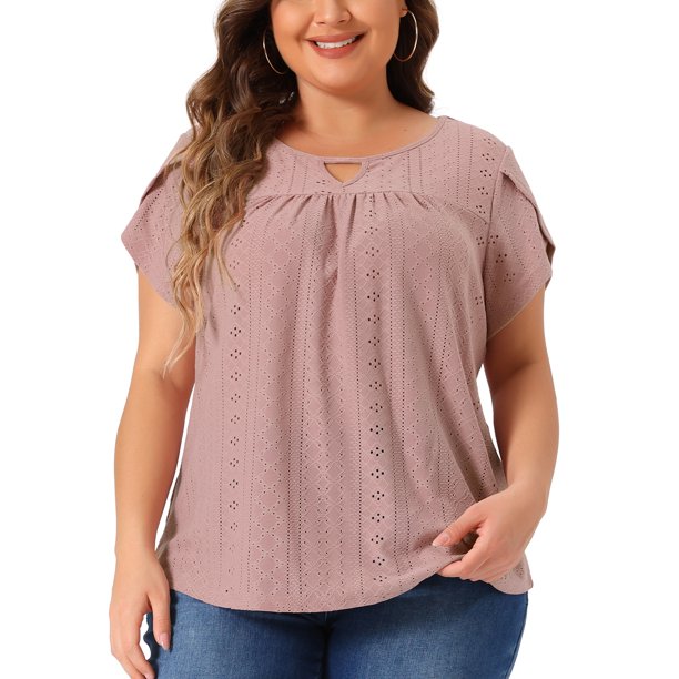 Agnes Orinda Blusas Casuales con Pliegues y Mangas de Pétalo para Mujer de Talla Grande, Cuello Redondo con Abertura, 4X Rosa