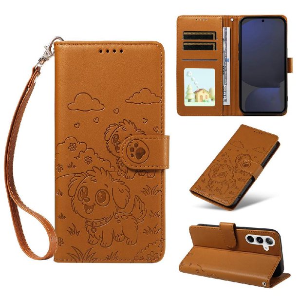 Funda Cartera para Samsung Galaxy S24 FE Perro Cachorro Grabado con Tarjetas Soporte Correa Marrón