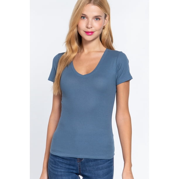Saronite Camiseta Básica de Algodón Acanalado de Manga Corta con Cuello en V, Color Azul Acero (para Mujer)