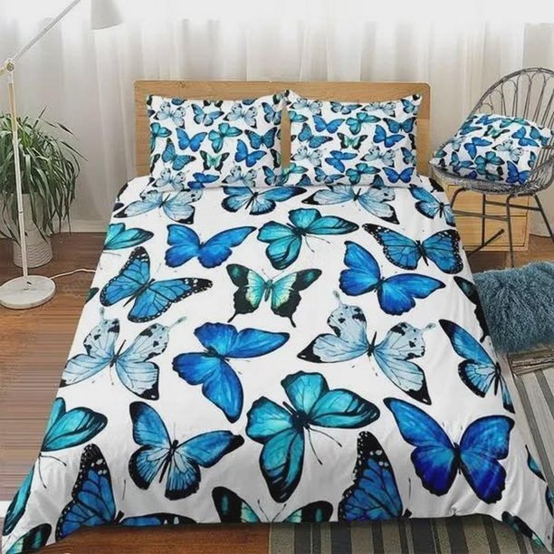 Oil Painting Blue Butterfly Quilt Duvet Cover Set Pillowcase Children3-Piece Bedding Set