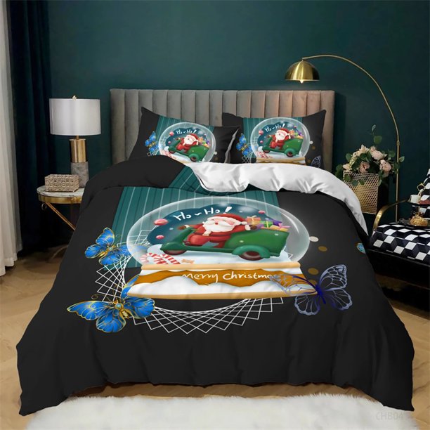 x894 Bed SheetsChristmas Duvet Cover Cartoon Merry Chirstmas Santa Claus Elk Quilt Cover Green for Children Adults Holiday Gifts Bedroom Decor 3-Piece Bedding Set (1 Duvet Cover + 2 Pillow Shams) nj89