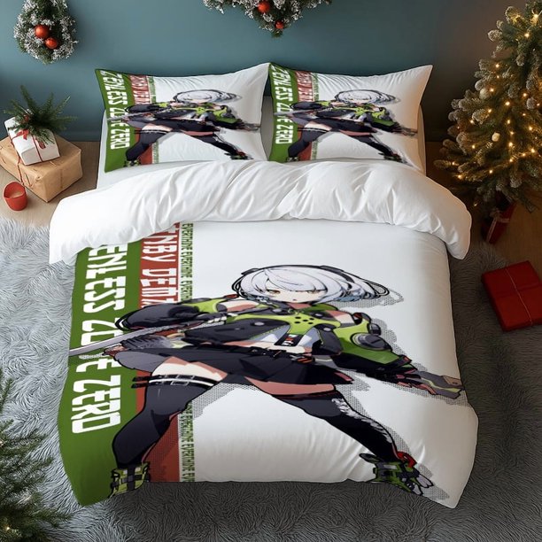 3pcs Zero-Zenlesszone Silvery Hair Mecha Battle Illustration Printed Bedding Set Polyester Wear- and Wrinkle-