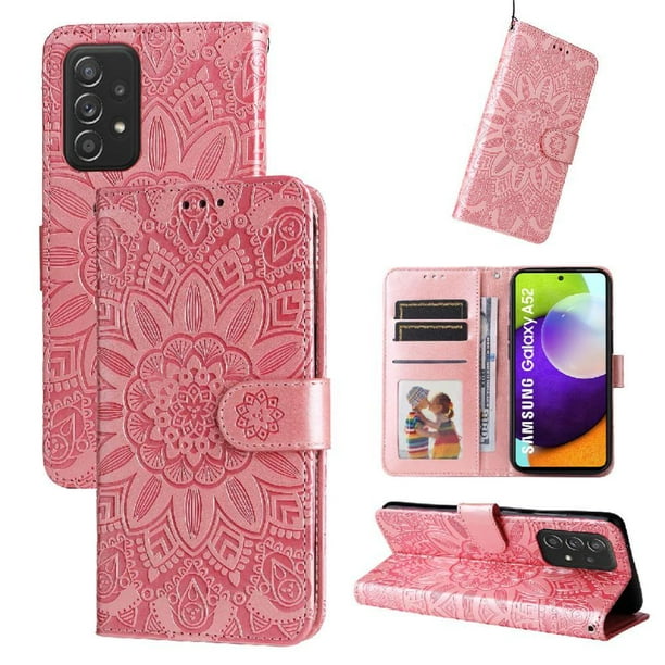 Funda tipo cartera FOXDOCK para Samsung Galaxy A52 , diseño girasol en relieve, cuero PU, cierre magnético, soporte y tarjetero