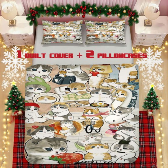 A Soft Cartoon Cat Print Bedding Set Made of Polyester Fiber Designed for Both Decoration And Warmth Suitable for Bedrooms And Guest Rooms